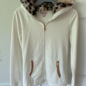 Juicy Couture Women's White Rose Gold Sequin Bling Faux Animal Fur Hoodie & Pant